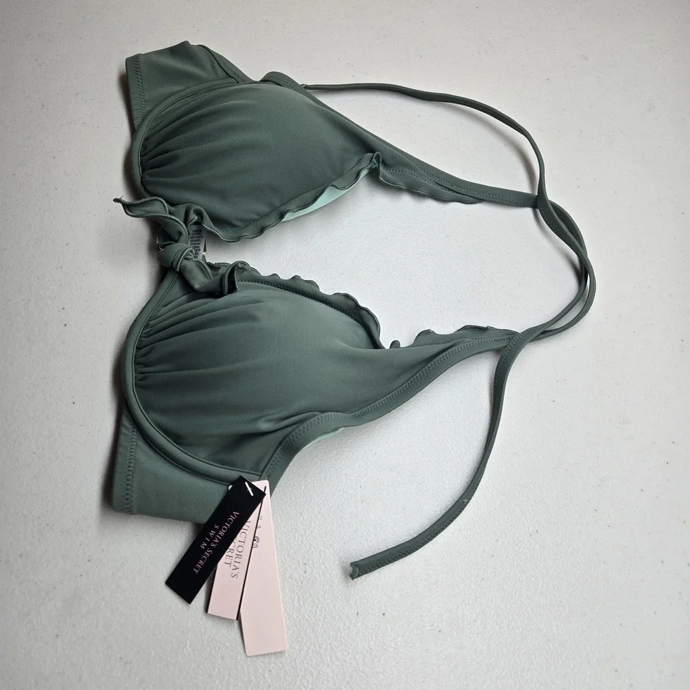 Victoria's Secret Women Swimwear 38B Sage Green Top Underwired Ruffle Halter